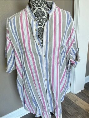Relaxed Striped Short-Sleeve Button-Down Shirt - Pink, Blue & Gray Size 2X